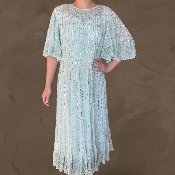 Mac Duggal Dresses & Skirts - Mac Duggal blue Sequined embellished Flounce Sleeve Midi Dress size 12